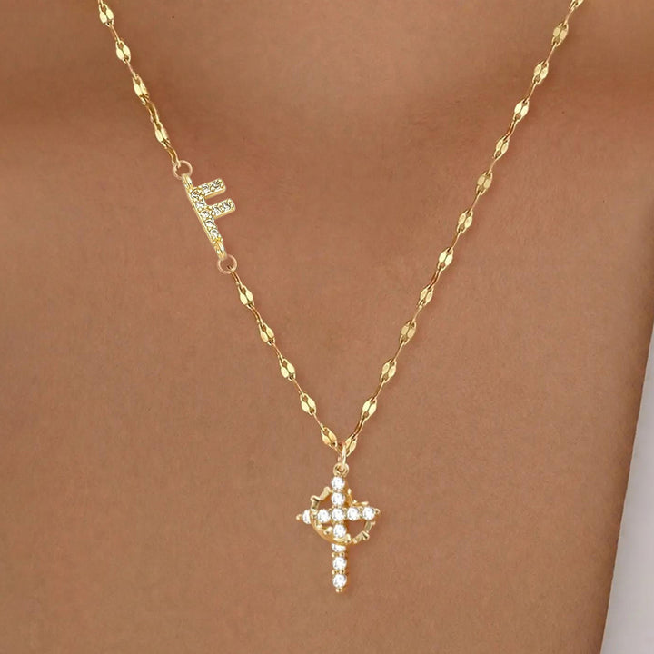Diamond Initial & Cross Double Pendant Necklace (26 Letters Gold Tone Lip Chain)