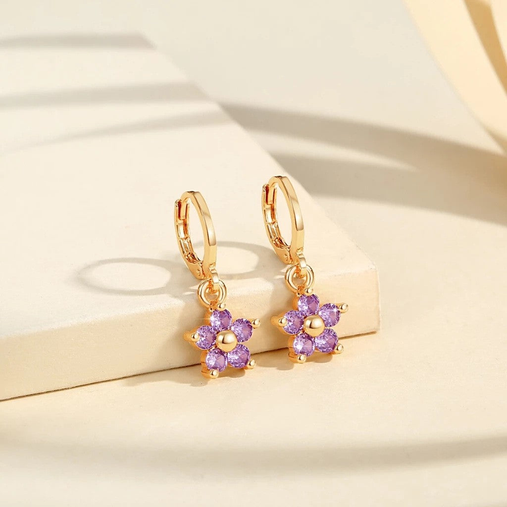 S925 Silver Paved Small Flower Huggie Earrings, Multi-color Delicate Five-petal Flower Drop Earrings