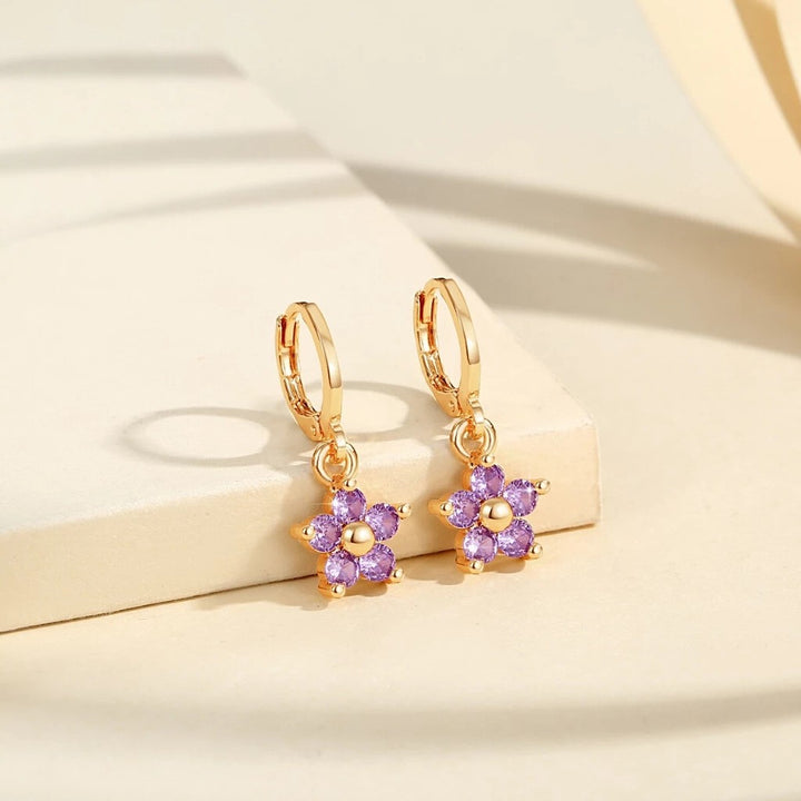 S925 Silver Paved Small Flower Huggie Earrings, Multi-color Delicate Five-petal Flower Drop Earrings
