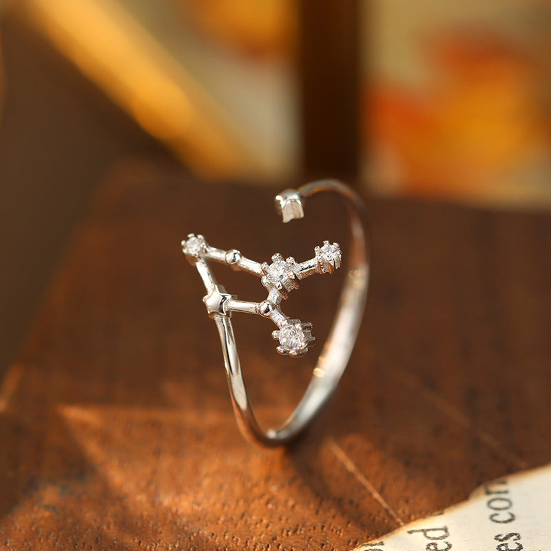 925 Silver Diamond-Inlaid 12 Constellations Open Adjustable Ring (Unisex Luxury Personalized Style)