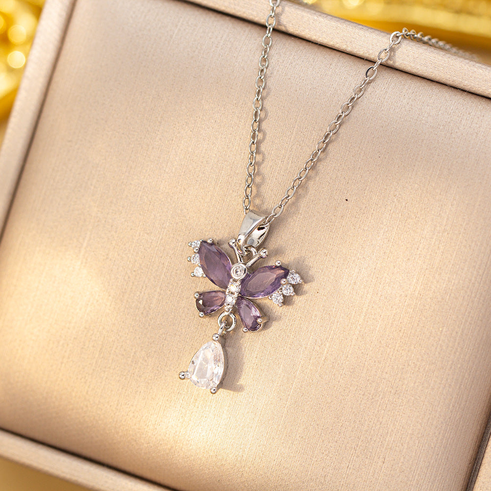 Double Butterfly Colored Diamond & Teardrop Pendant Choker (Sweet-Cool Girlish Heart Light Luxury Style)