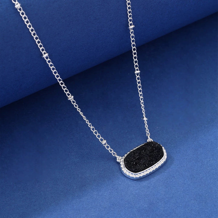 Rectangular Druzy Crystal Pendant Necklace, 14K Gold & Silver Dainty Satellite Chain, Sparkly Crushed Crystal Trendy Necklace, Multiple Colors Available