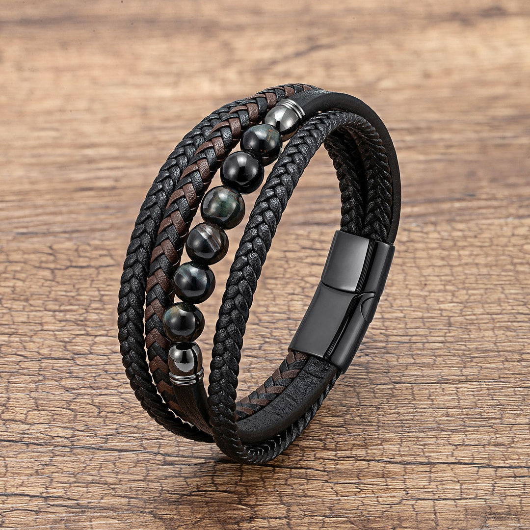 Natural Stone Beaded Braided Leather Men's Bracelet (Multi-Color Magnetic Clasp Wristband)