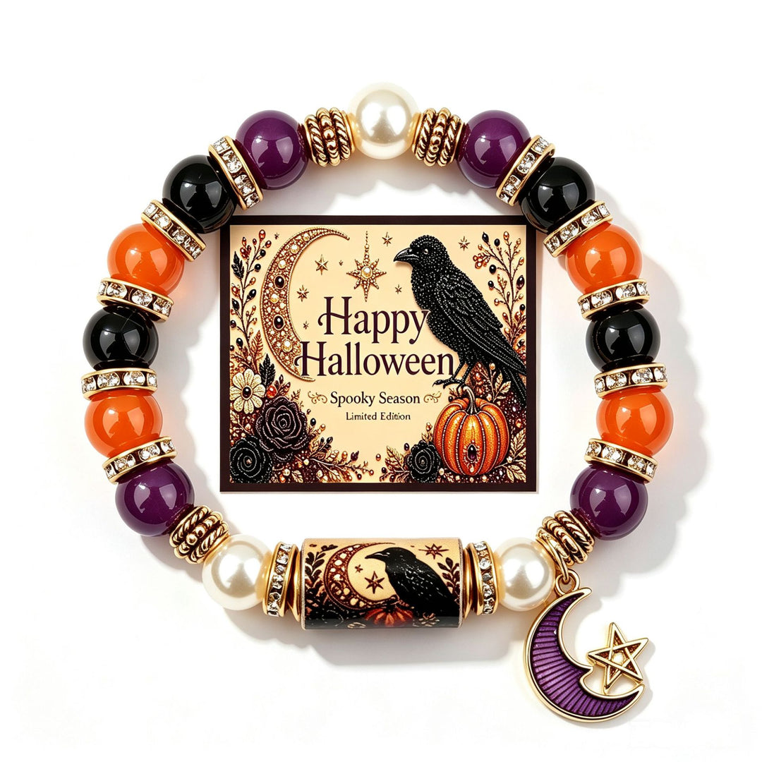 Halloween Skull Moon Star Beaded Stretch Bracelet, Vintage Pumpkin Themed Wrist Jewelry