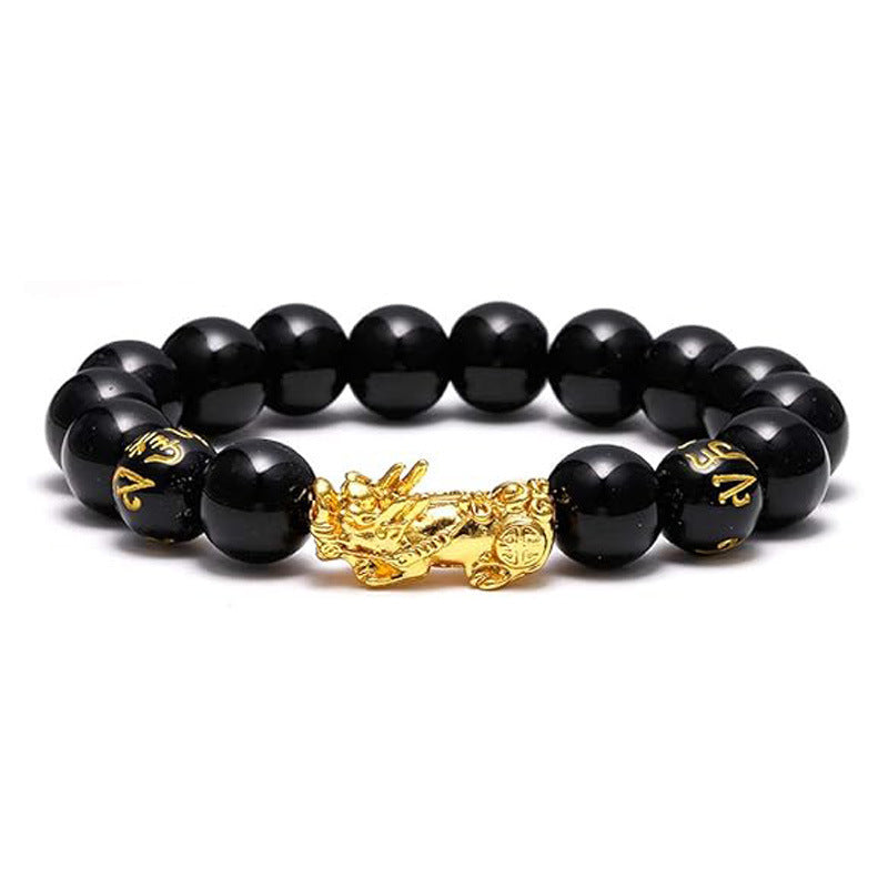 Gold‑Plated Pi Xiu Obsidian Bracelet, Six‑Word Mantra Black Round Bead Multi‑Style Men Single Strand Bracelet