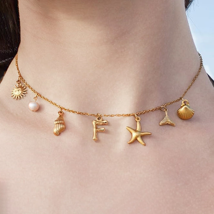 Ocean Vacation Multi-Charm Initial Choker, Starfish Shell Mermaid Tail Sun Pearl Custom Letter Thin Necklace for Women