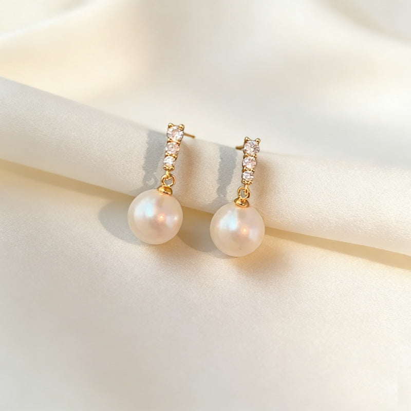 Three Stone Short Pearl Drop Stud Earrings, Simple Luxury Luster Pearl Dangle Earrings, Gold & Silver Two Tones Available