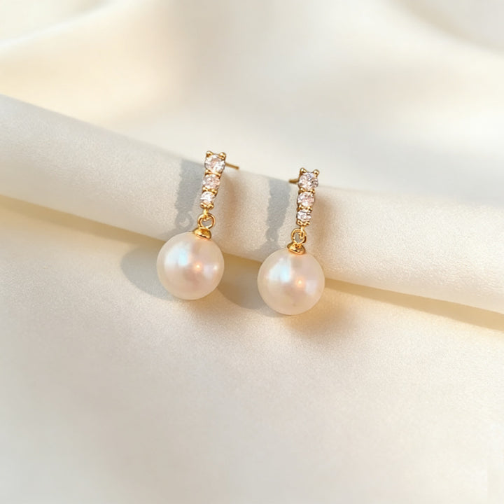 Three Stone Short Pearl Drop Stud Earrings, Simple Luxury Luster Pearl Dangle Earrings, Gold & Silver Two Tones Available