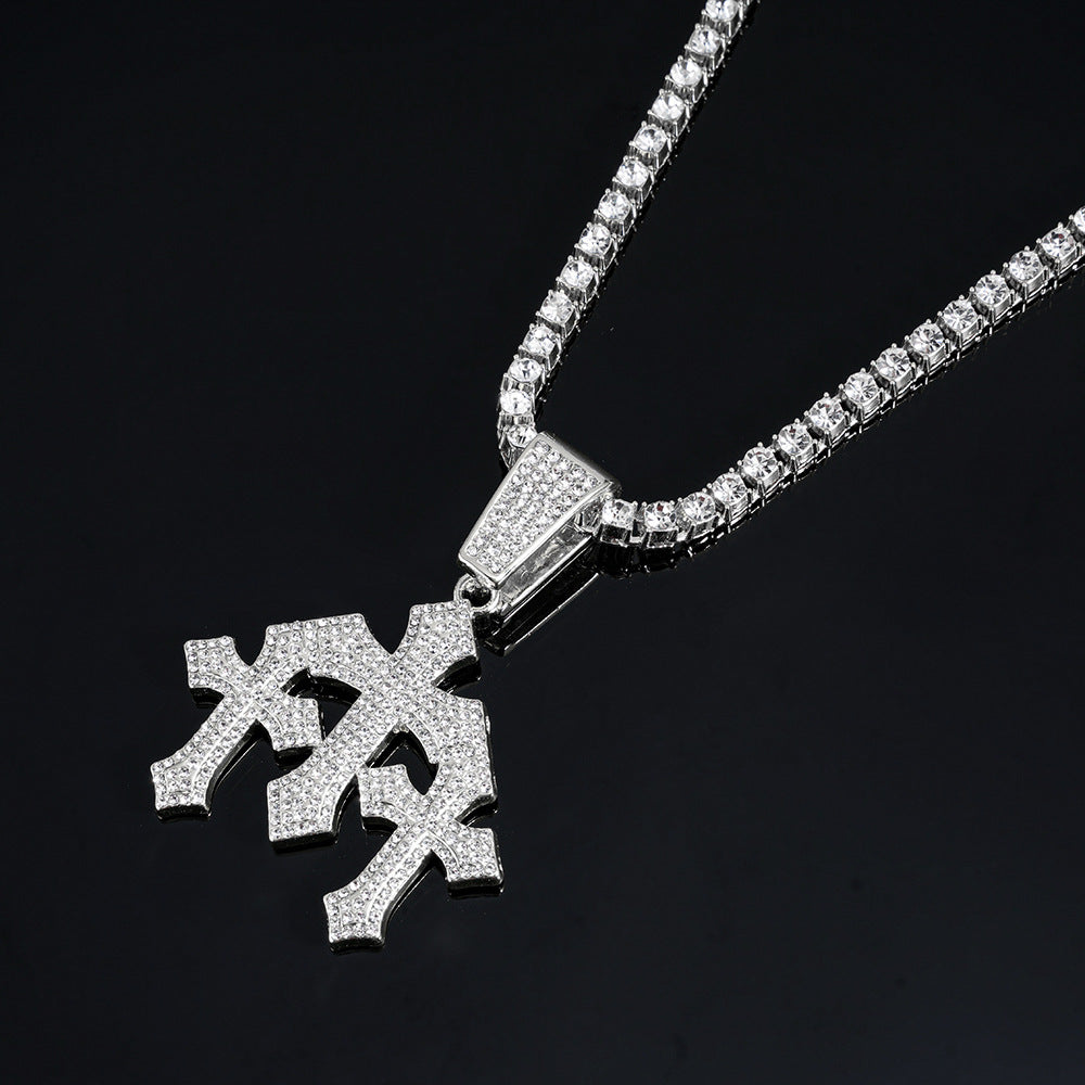 Iced Out Triple Cross Pendant Cuban Link Necklace, Hip Hop Heavy Diamond Chunky Chain Unisex Long Statement Necklace
