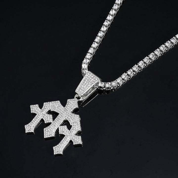 Iced Out Triple Cross Pendant Cuban Link Necklace, Hip Hop Heavy Diamond Chunky Chain Unisex Long Statement Necklace