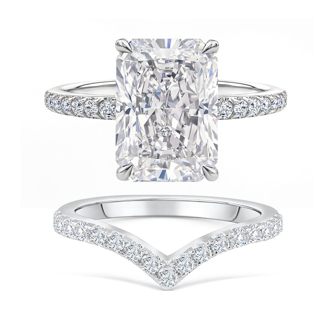 Ice Flower Cut & V-Shaped Pavé Wedding Ring Set (Luxury Classic Couple Bands)
