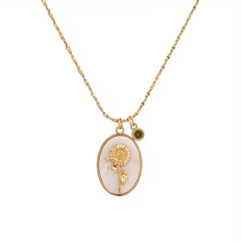 Mother-of-Pearl Carnation Birthstone Necklace (Gentle Gold Tone Pendant)