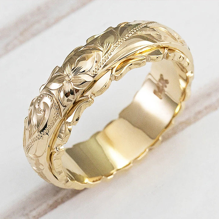Hawaiian Engraved Floral Gold Band Ring (Vintage Court Style Wide Ring)
