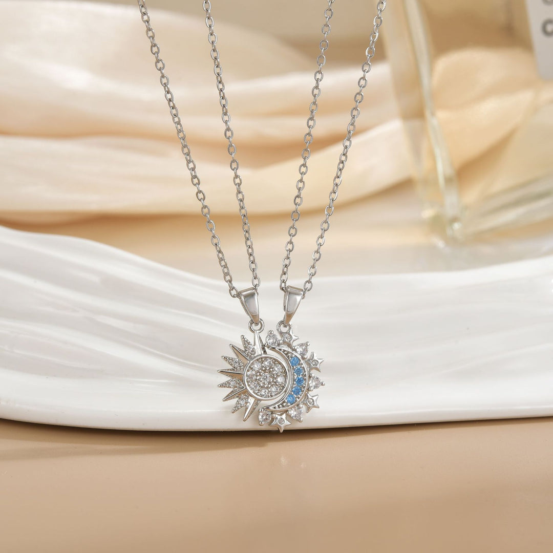 Detachable Sun & Moon Couple Necklaces, Multi-Color Paved Diamond Split Star Moon Pendant Dainty Clavicle Necklace