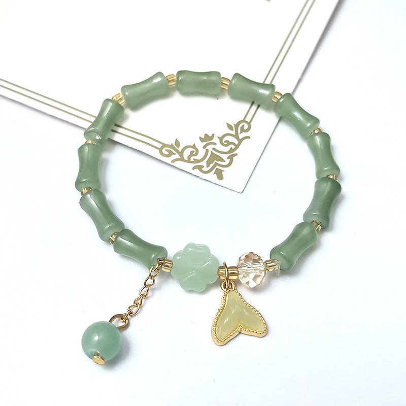 Bamboo Bead Multi-Charm Adjustable Bracelet, Fresh Green Beaded Fashion Bracelet
