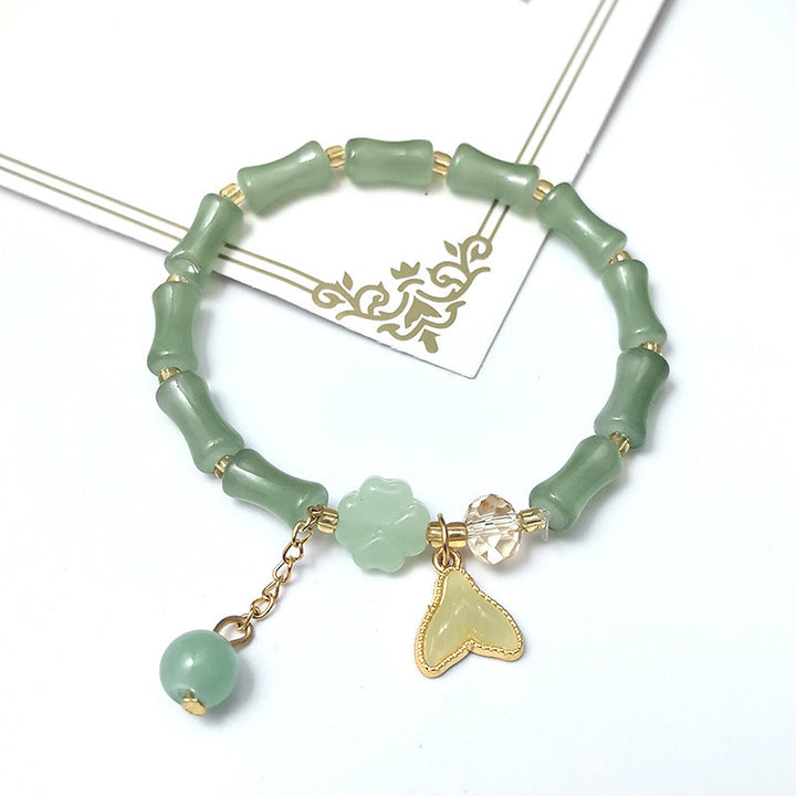 Bamboo Bead Multi-Charm Adjustable Bracelet, Fresh Green Beaded Fashion Bracelet