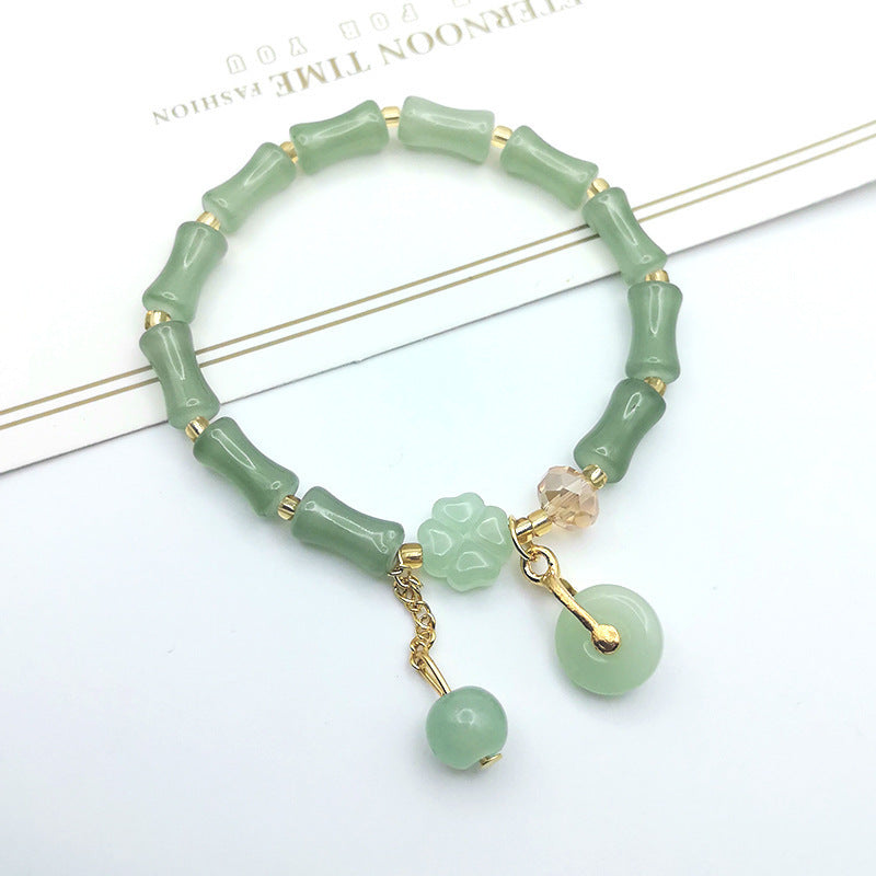 Bamboo Bead Multi-Charm Adjustable Bracelet, Fresh Green Beaded Fashion Bracelet