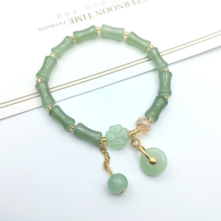 Bamboo Bead Multi-Charm Adjustable Bracelet, Fresh Green Beaded Fashion Bracelet