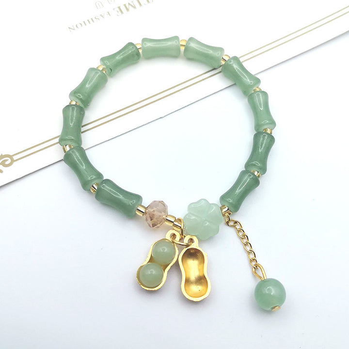Bamboo Bead Multi-Charm Adjustable Bracelet, Fresh Green Beaded Fashion Bracelet