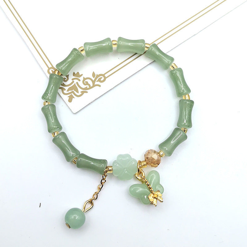 Bamboo Bead Multi-Charm Adjustable Bracelet, Fresh Green Beaded Fashion Bracelet