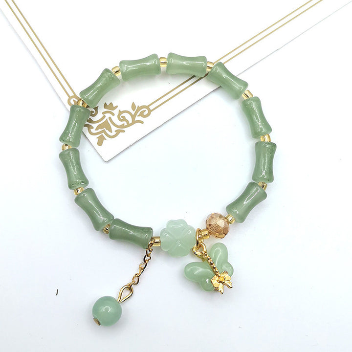 Bamboo Bead Multi-Charm Adjustable Bracelet, Fresh Green Beaded Fashion Bracelet