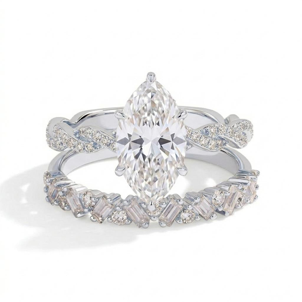 Marquise Twisted Engagement Ring Set, Vine Twist Main Ring & Baguette Eternity Band 2Pcs Stacking Wedding Rings Gold Silver Bridal Jewelry