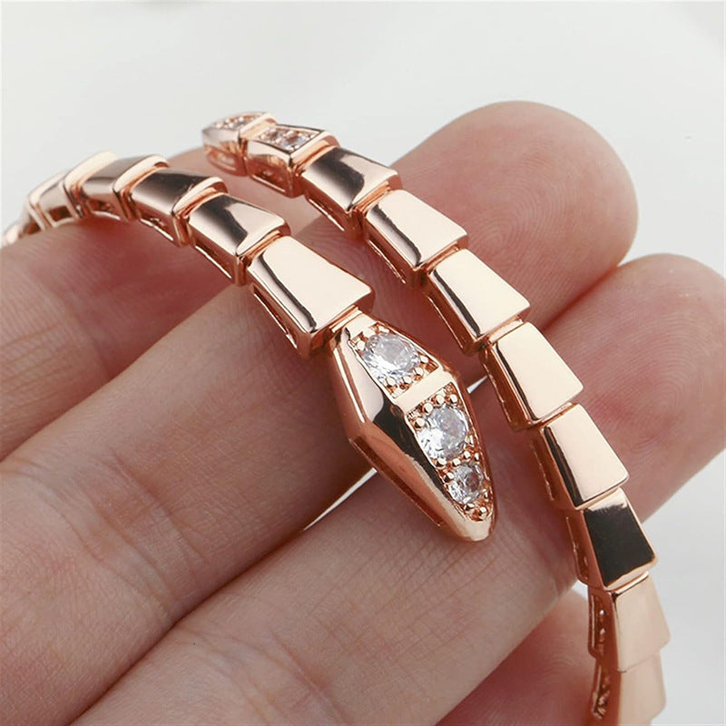 Segmented Snake Diamond Open Bangle, Gold Silver Rose Gold Paved Rhinestone Serpent Cuff Bracelet