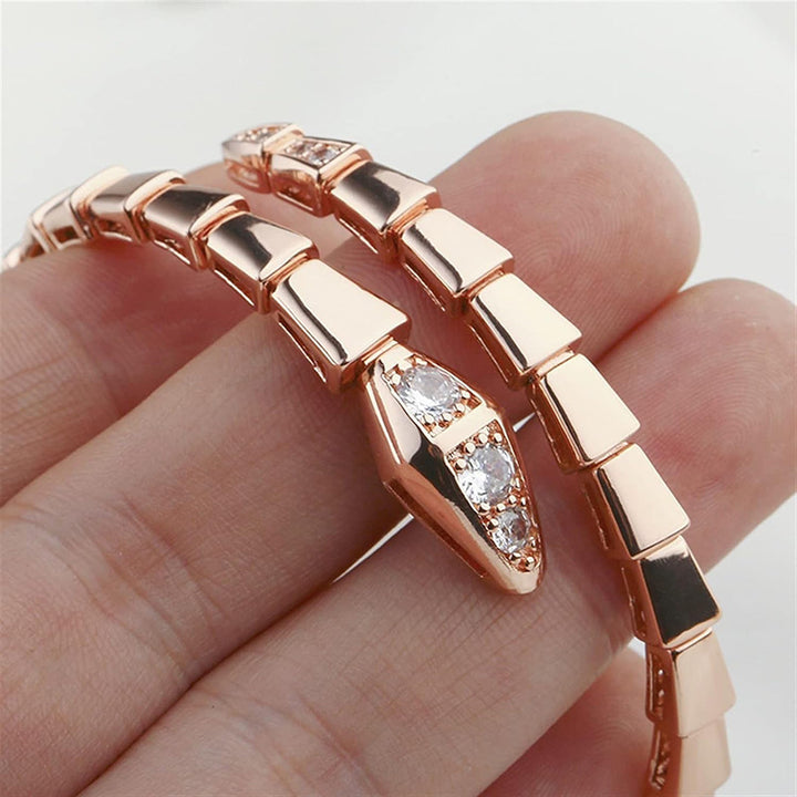 Segmented Snake Diamond Open Bangle, Gold Silver Rose Gold Paved Rhinestone Serpent Cuff Bracelet