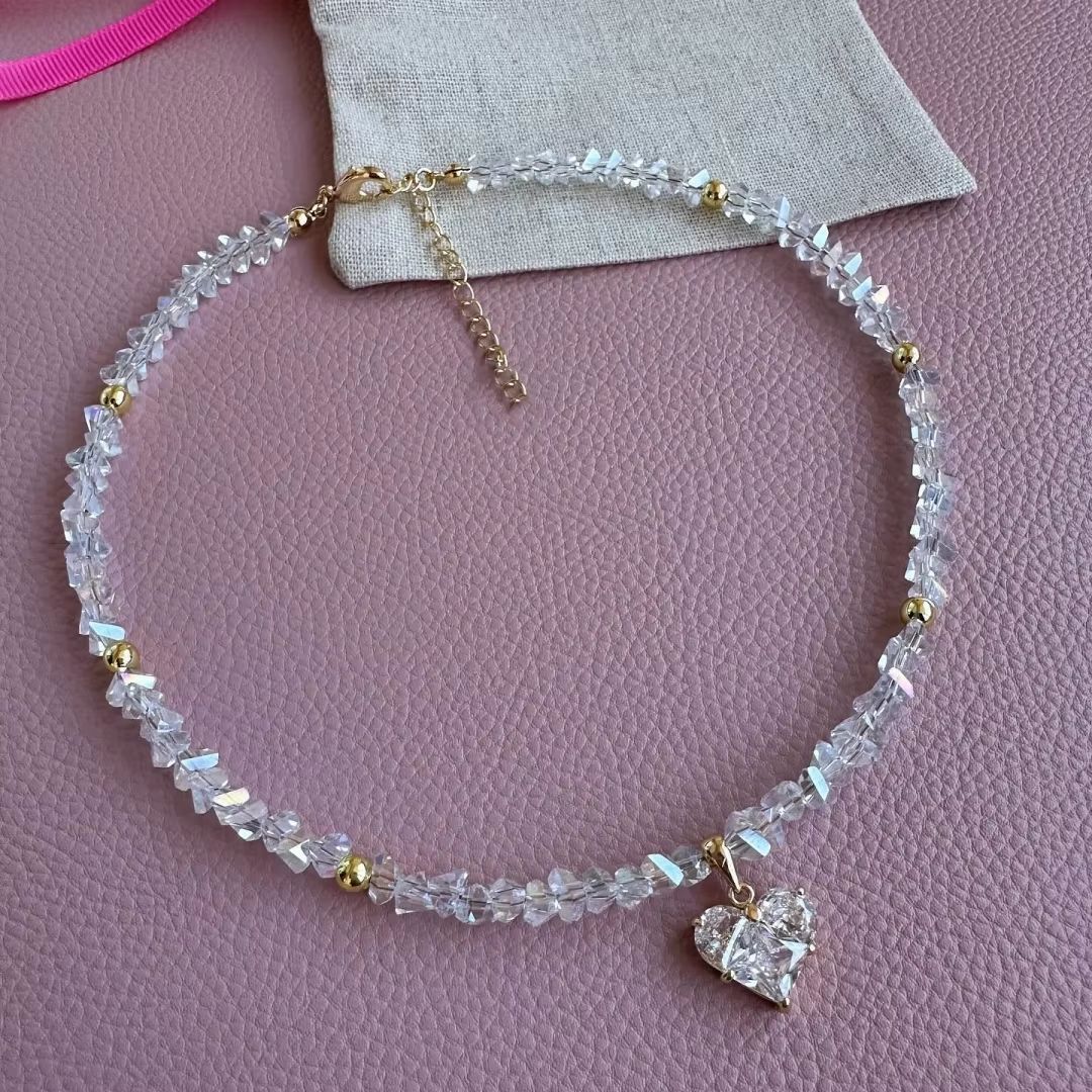 Faceted Diamond Cross & Heart Diamond Choker, Colorful Y2K Sweet Cool Collarbone Necklace