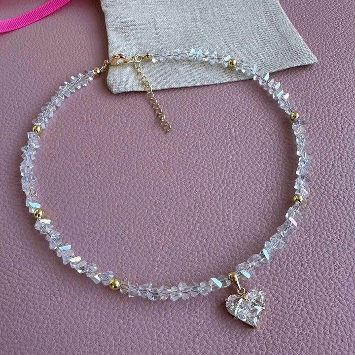 Faceted Diamond Cross & Heart Diamond Choker, Colorful Y2K Sweet Cool Collarbone Necklace