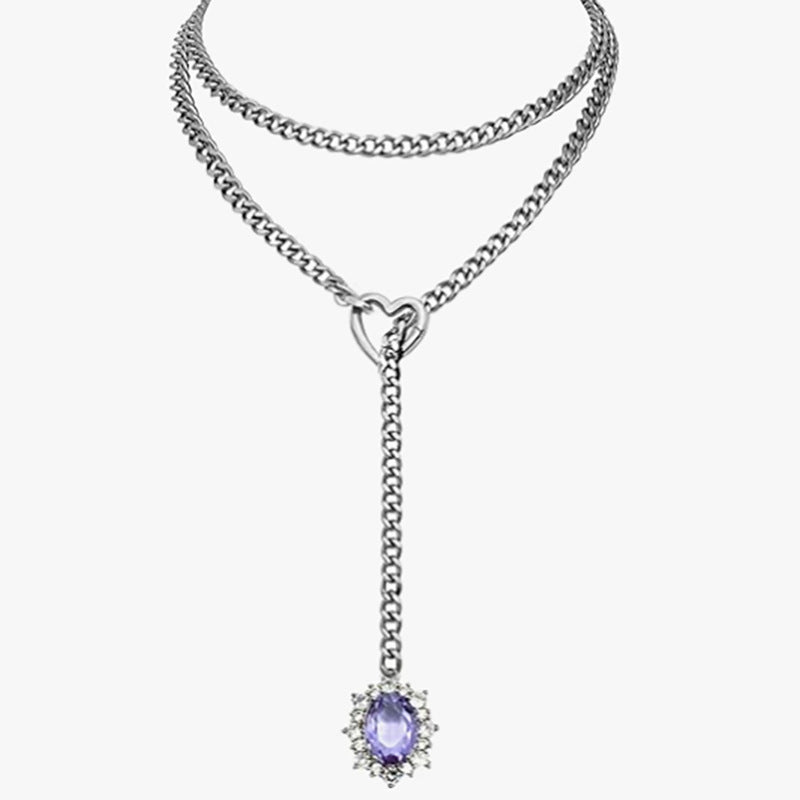Double Layer Heart Clasp Colored Gem Y-Necklace