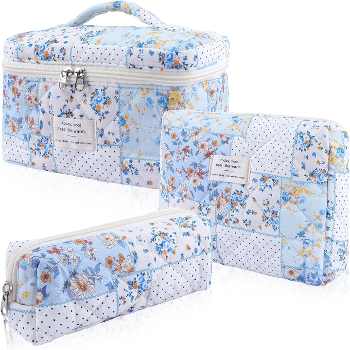 Floral Quilted 3-Piece Makeup Bag Set, Large Capacity Handheld Cosmetic Bag Portable Storage Pouch & Pencil Case Kit