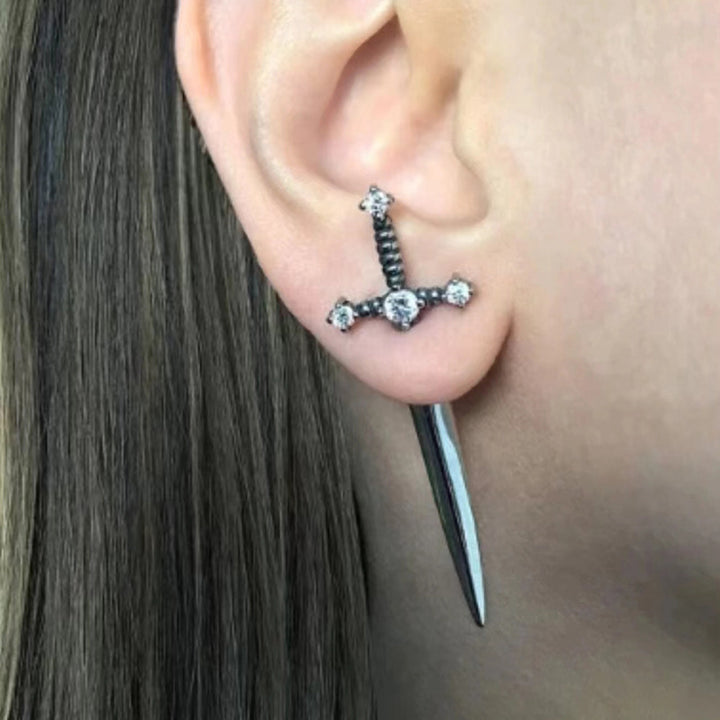 Cross‑Sword Black Diamond Stud Earrings