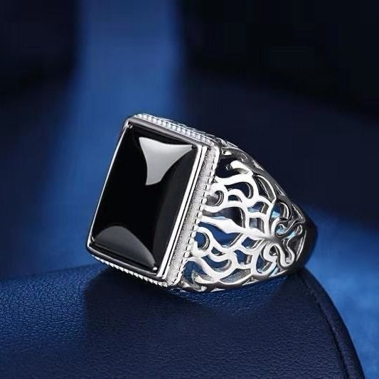 S925 Silver Black Onyx Openwork Carved Men's Ring (Vintage Luxury Gentleman's Band)