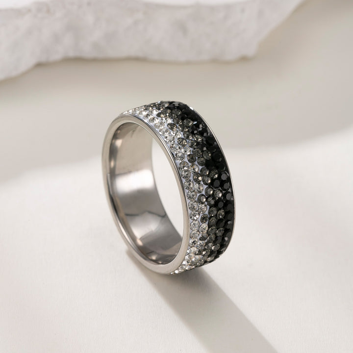 Multi-Row Paved Crystal Wide Titanium Steel Ring, Solid & Gradient Rhinestone Waterproof Band Gold Silver Black Couple Jewelry