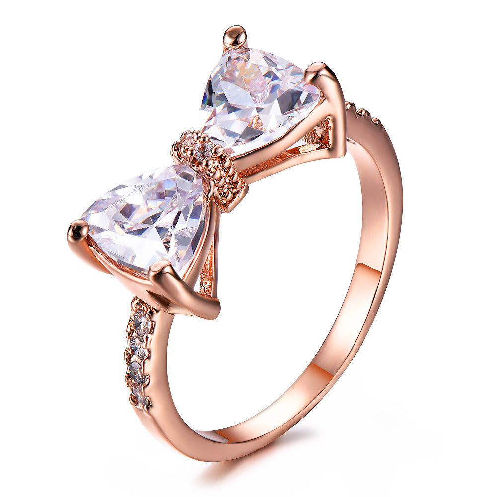 Triangle Stone Bow Pave Ring, Multi-Color Gem Silver/Rose Gold Luxury Feminine Band