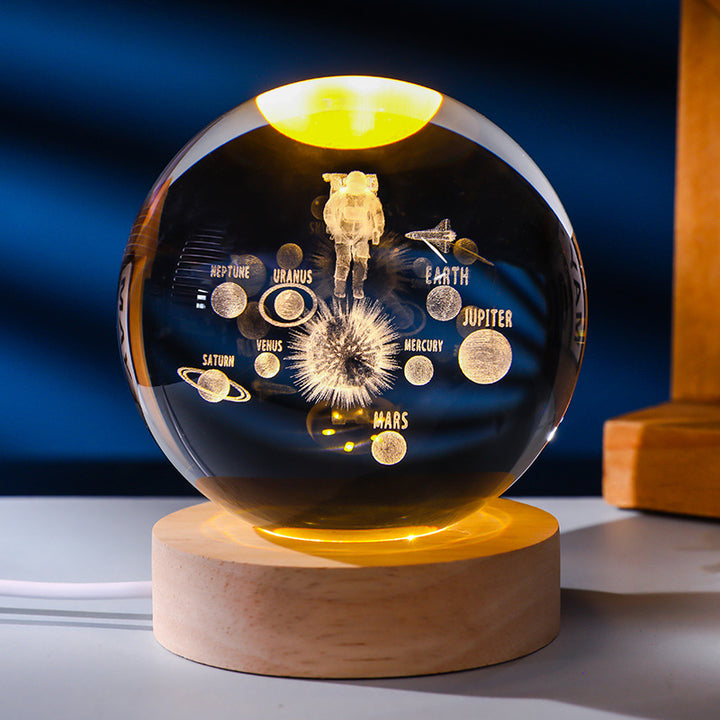 3D Laser Engraved Glowing Crystal Ball Ornament, Multi-Pattern Solid Wood Warm LED Base Night Light Gift