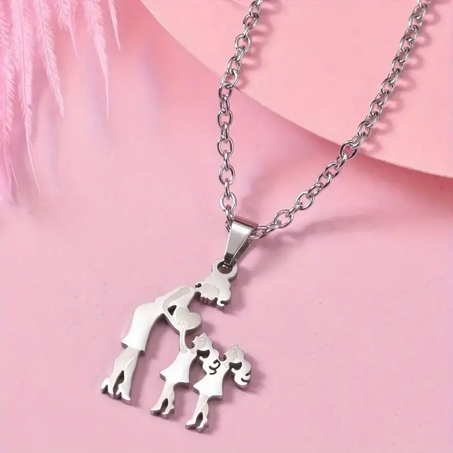 Mother & Kids Silhouette Pendant Necklace, 316L Titanium Steel Silver Plated Family Keepsake Necklace, Multiple Figures, Gold & Silver Family Jewelry