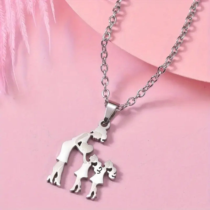 Mother & Kids Silhouette Pendant Necklace, 316L Titanium Steel Silver Plated Family Keepsake Necklace, Multiple Figures, Gold & Silver Family Jewelry
