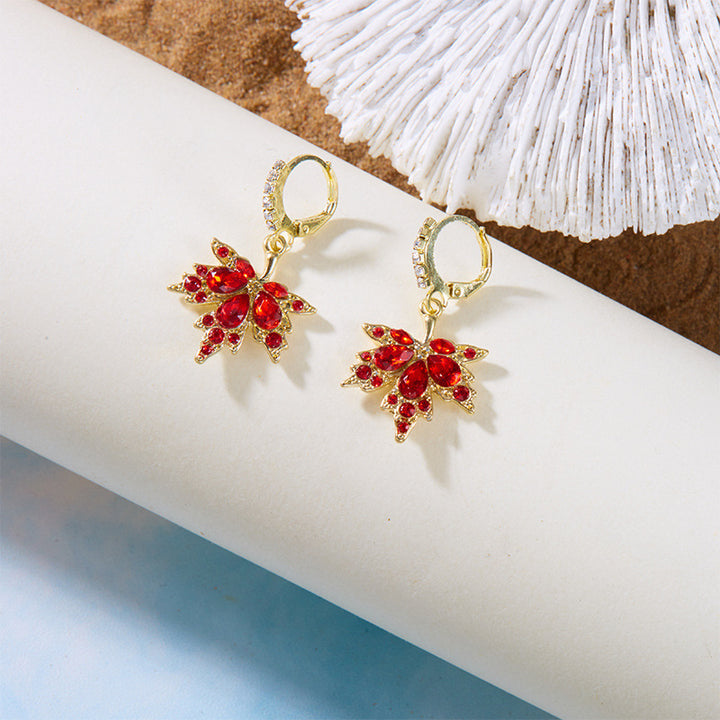 Red Diamond Maple Leaf Jewelry Set (Necklace + Bracelet + Hoop Earrings)
