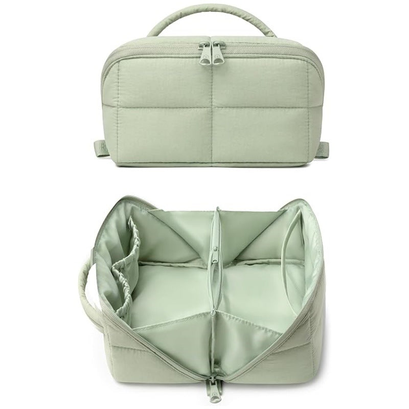 Solid Color Quilted Divided Handheld Makeup Bag, Large Capacity Multi-Compartment Portable Toiletry Storage Case