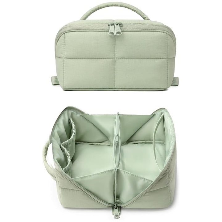 Solid Color Quilted Divided Handheld Makeup Bag, Large Capacity Multi-Compartment Portable Toiletry Storage Case