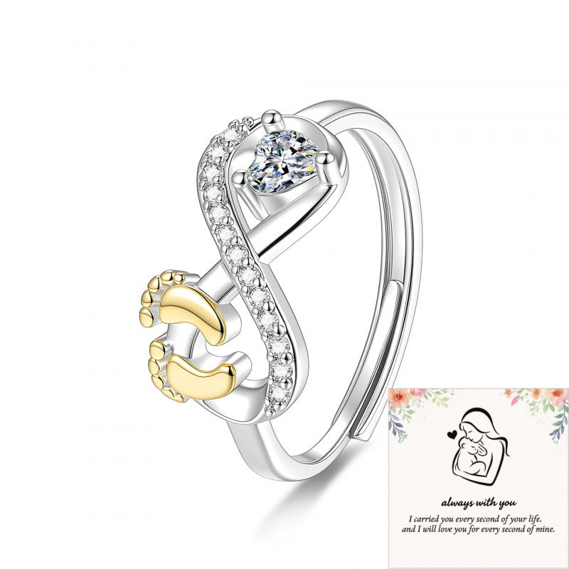 S925 Silver Heart Diamond Baby Footprint Open Ring (Luxury Memorial Band)