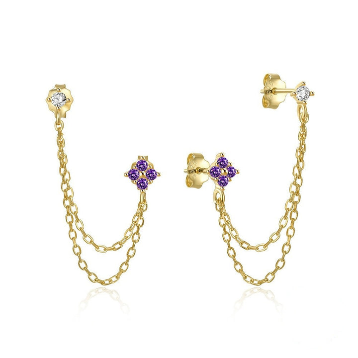 S925 Silver Two-hole Double Chain Flower Diamond Stud Earrings, Multi-color Double Layer Chain Tassel Earrings