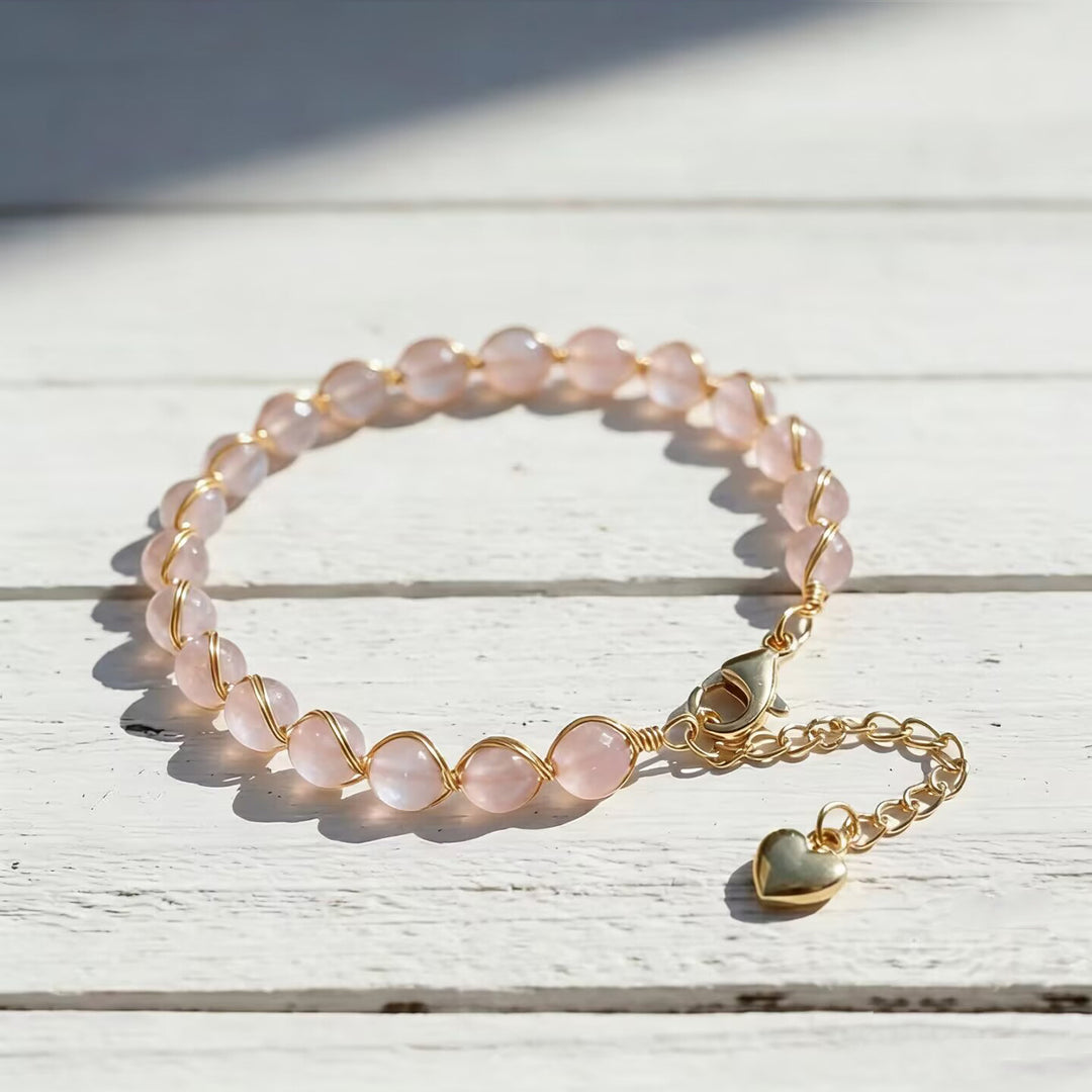 Hand‑Wrapped Natural Crystal Bracelet With Heart‑Shaped Extender, 4 Colors Available
