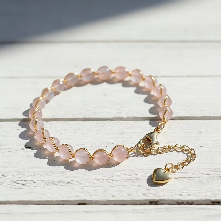 Hand‑Wrapped Natural Crystal Bracelet With Heart‑Shaped Extender, 4 Colors Available