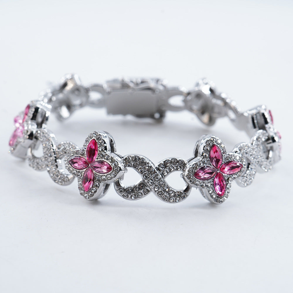 Infinity Knot Clover Clear Diamond Jewelry Set, Gold & Silver Tone Luxury Pave White Gemstone Bracelet & Necklace