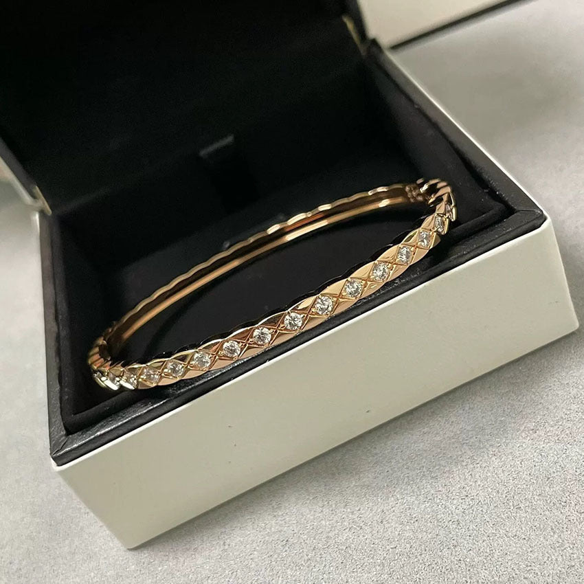 Diamond Lattice Snap Thin Bangle, Gold & Silver No/Half/Full Diamond Light Luxury Slim Bracelet