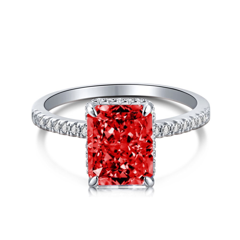 Radiant Cut Rectangular Gemstone Four-Prong Ring, Paved Shank Luxury Engagement Gem Band Multiple Colors