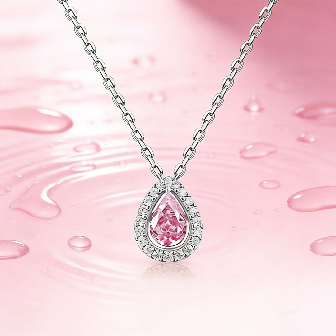 Pear-Shaped Halo Gemstone Pendant Necklace (3 Colors Luxury Women's Chain)